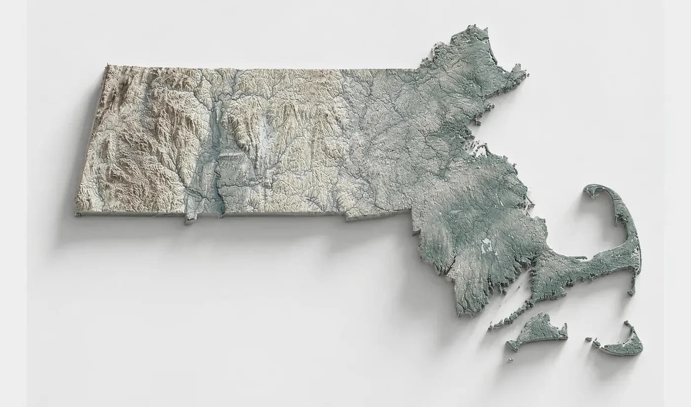 Raised relief map of Massachusetts.