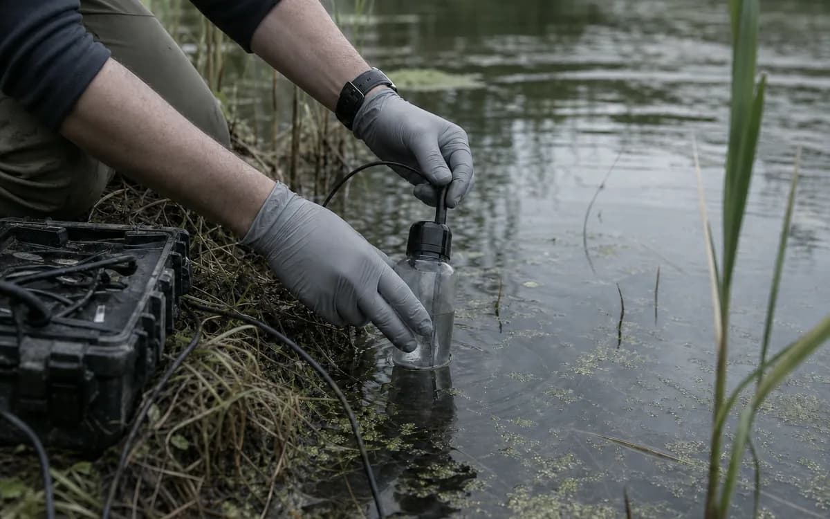 Illustrative scene of a gloved field worker collecting a water sample.