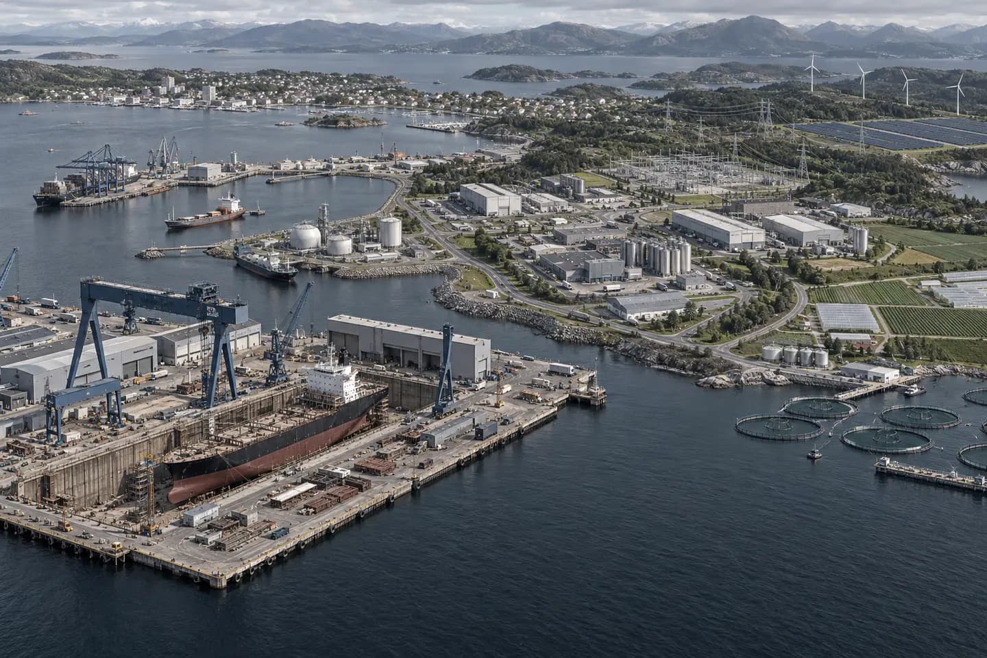 Concept illustration of a regional industrial economy with a shipyard, port, manufacturing, transmission grid, solar, wind, storage, fuel terminal, aquaculture, agriculture and waterfront development.